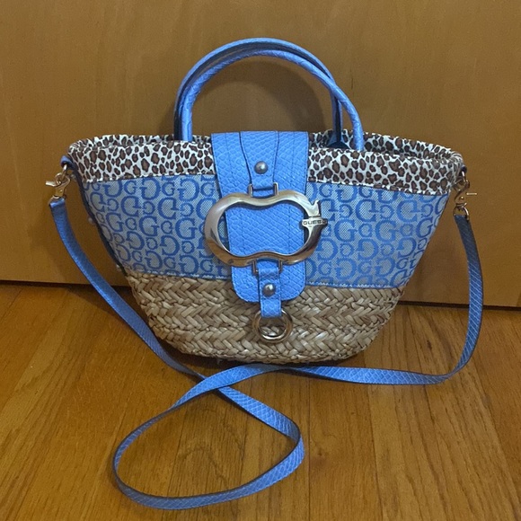 Guess Handbags - Guess Straw Convertible Bag Leopard Print w Faux Blue Leather Accents